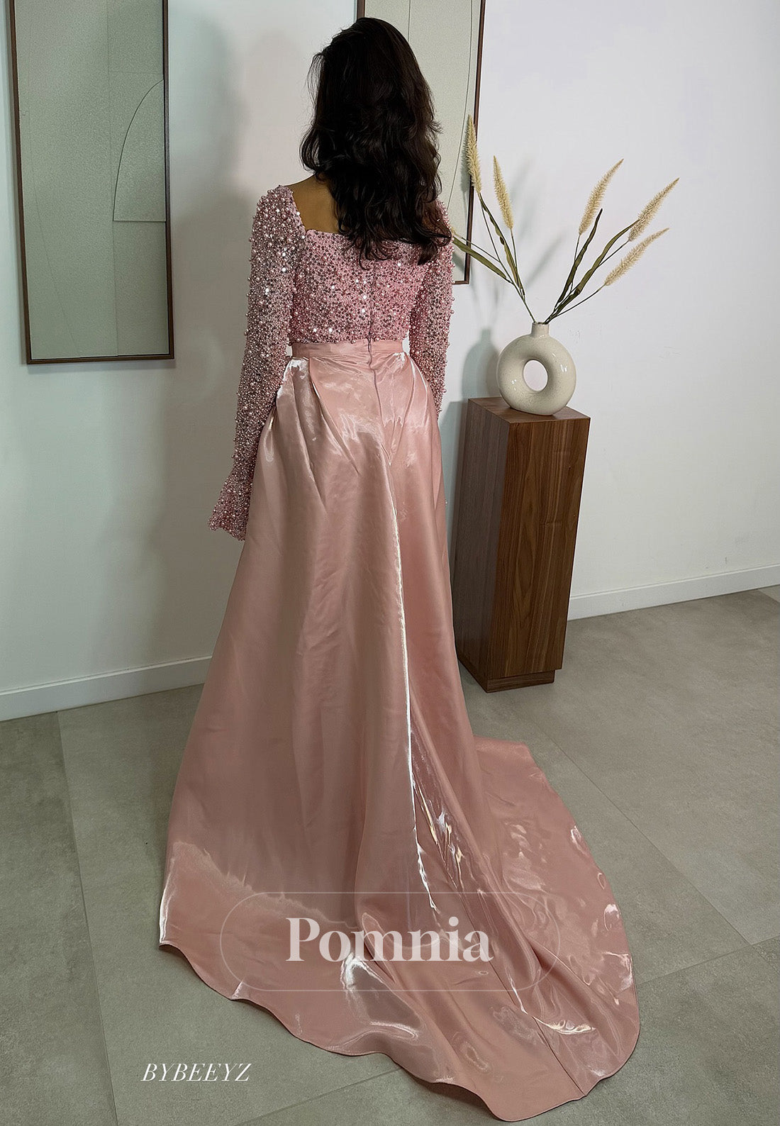 Blushing Pink Long Sleeves Scoop Sequins Empire-Waist Prom Dress
