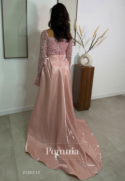 Blushing Pink Long Sleeves Scoop Sequins Empire-Waist Prom Dress