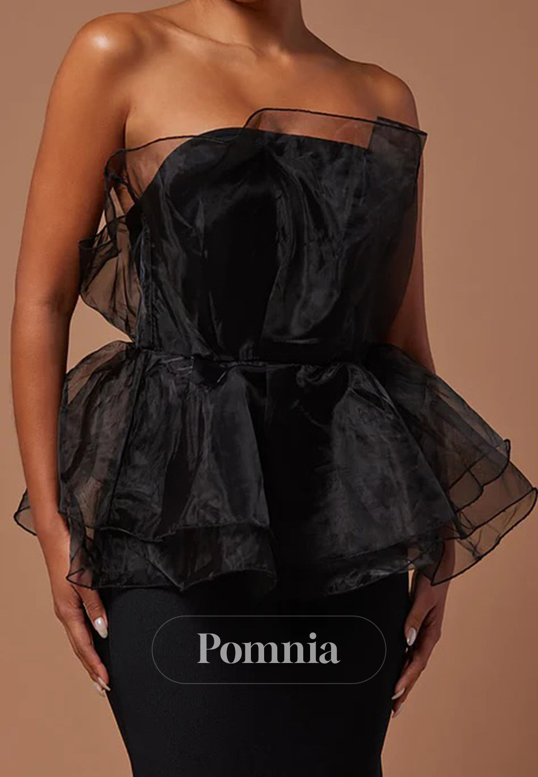 Black Strapless Sleeveless Ruffles Sheath Evening Dress