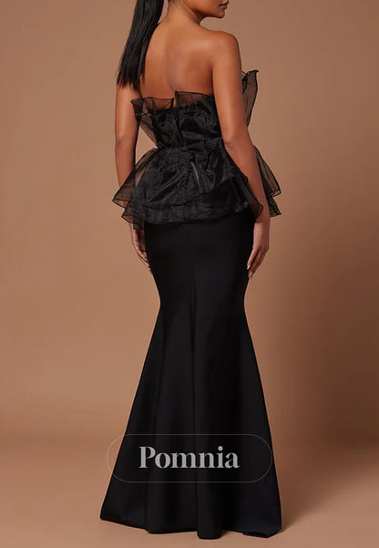 Black Strapless Sleeveless Ruffles Sheath Evening Dress