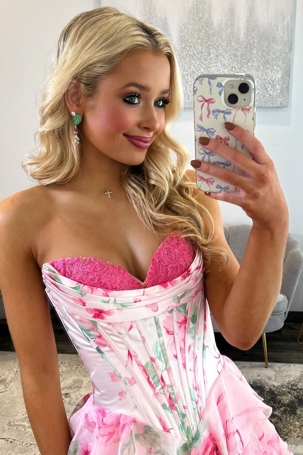 Gorgeous A Line Sweetheart Floral Chiffon Tiered Prom Dress with Appliques