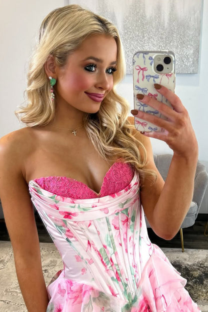 Gorgeous A Line Sweetheart Floral Chiffon Tiered Prom Dress with Appliques