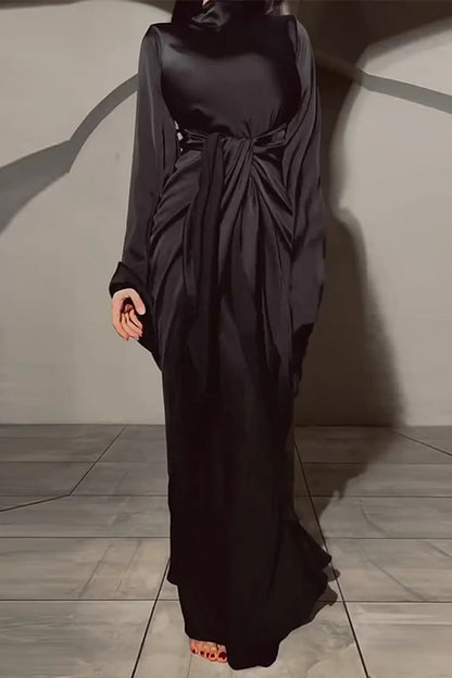 Mock Neck Long Sleeve Solid Color Tie Up Slim Fit Maxi Dresses