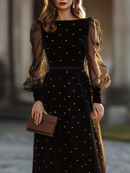 Embellished Sheer-Sleeve A-Line Midi Dress