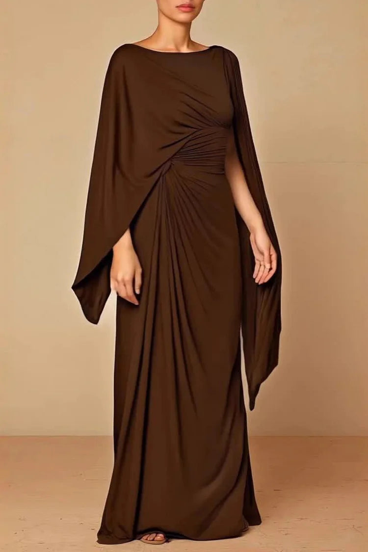 Asymmetric Cape Sleeve Ruched Waist Pleated Boat Neck Maxi Dresses
