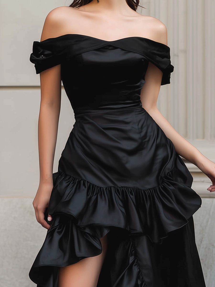 Off-Shoulder High-Low Satin Gown With Dramatic Ruffled Hem