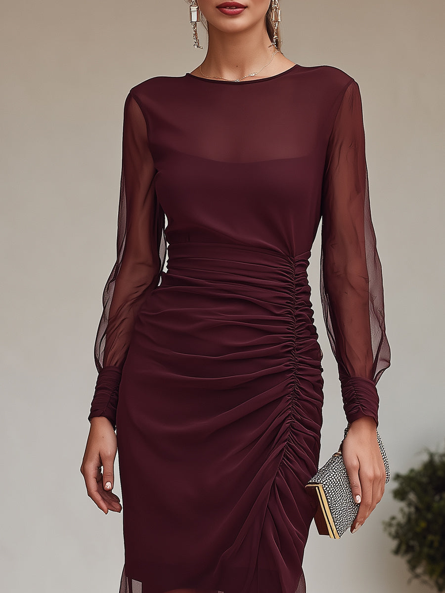 Ruched Sheer Long Sleeve Asymmetric Midi Dress
