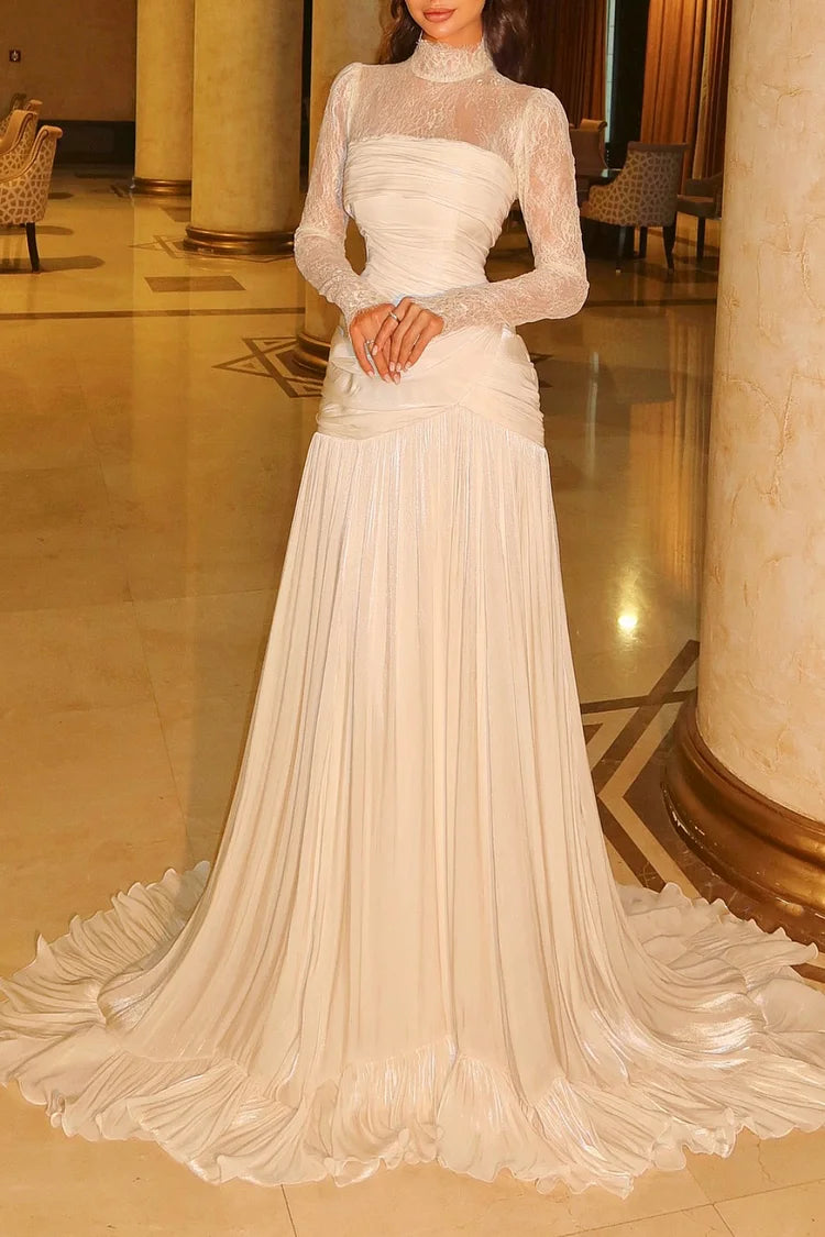 Shimmering Crepe Sheer Lace Ruched Party Maxi Dress