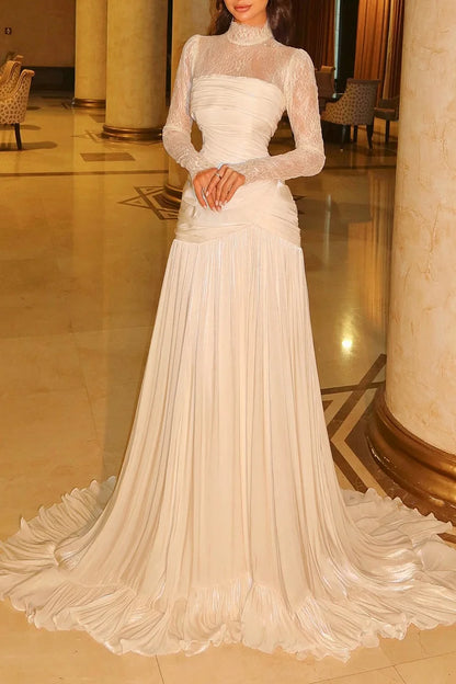 Shimmering Crepe Sheer Lace Ruched Party Maxi Dress