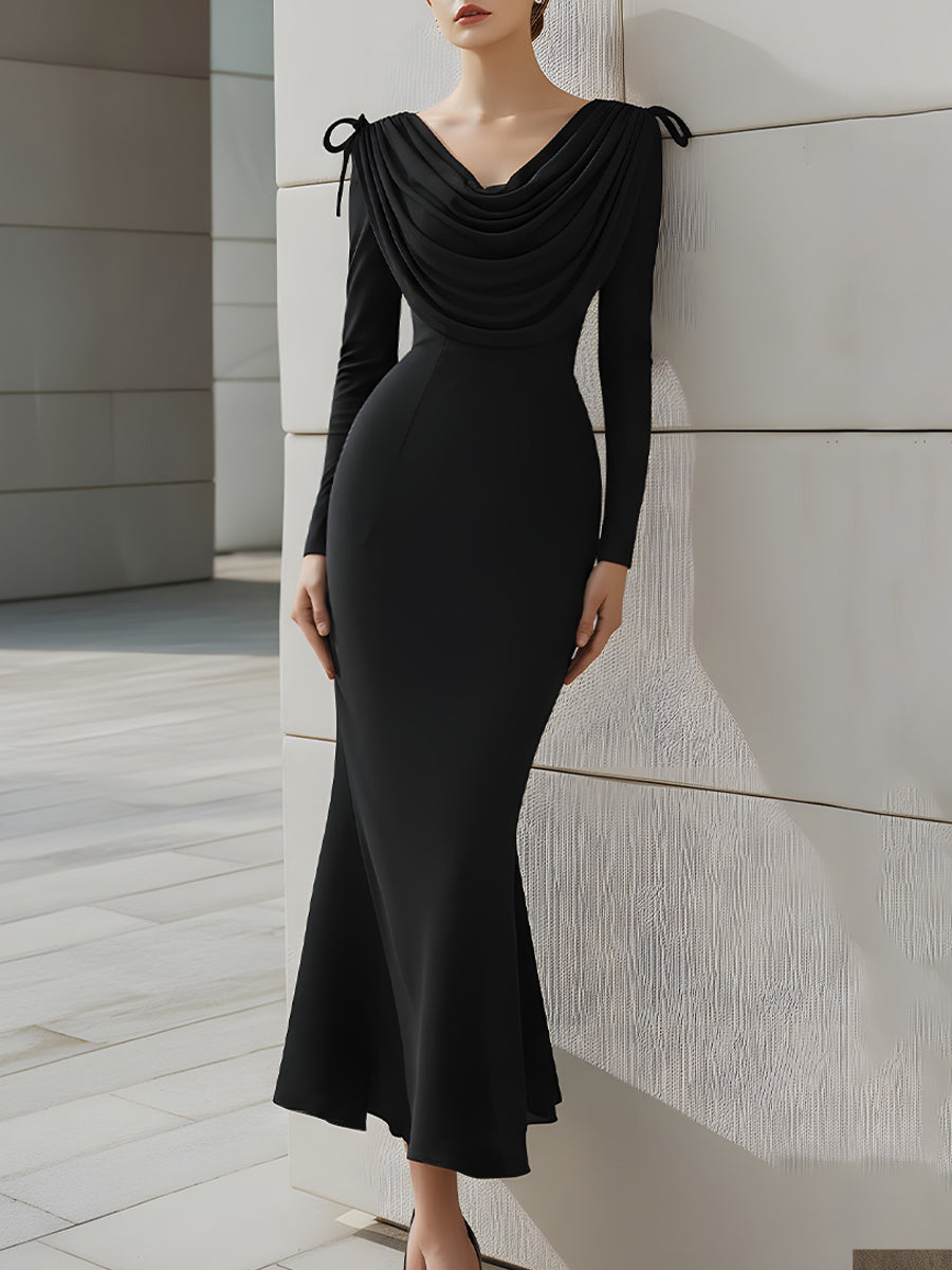 Draped Shoulder Bow Detail Black Mermaid Dress
