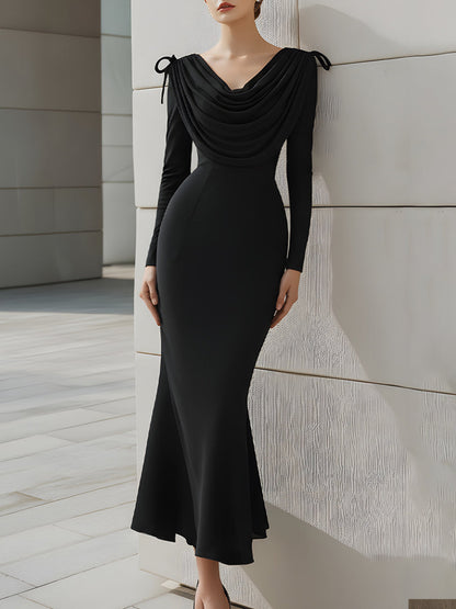 Draped Shoulder Bow Detail Black Mermaid Dress