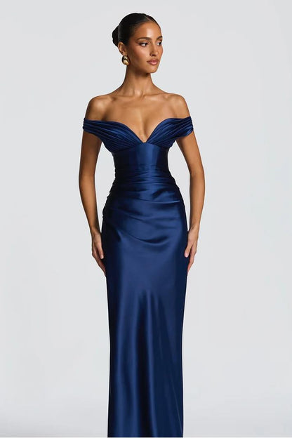 V-Neck Off-The-Shoulder Sleeveless Long Mermaid Prom Dress With Pleated