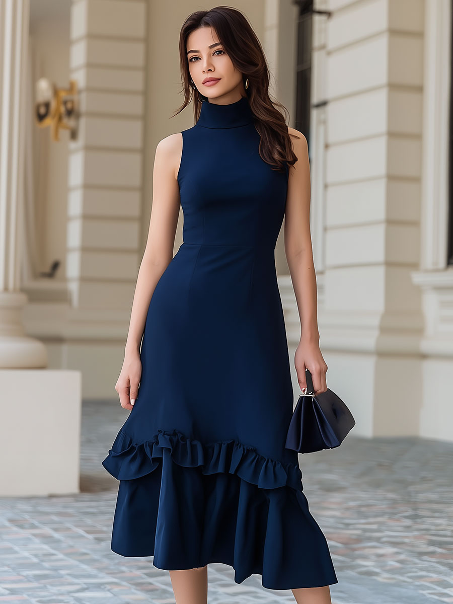 Mooyius Sleeveless High Neck Ruffled Midi Dress