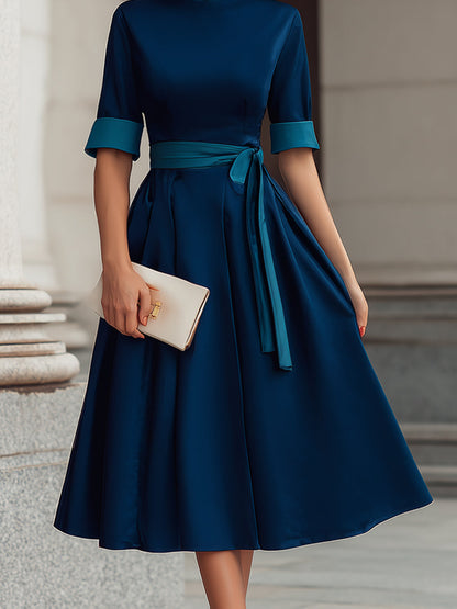 High-Neck Belted Midi Dress