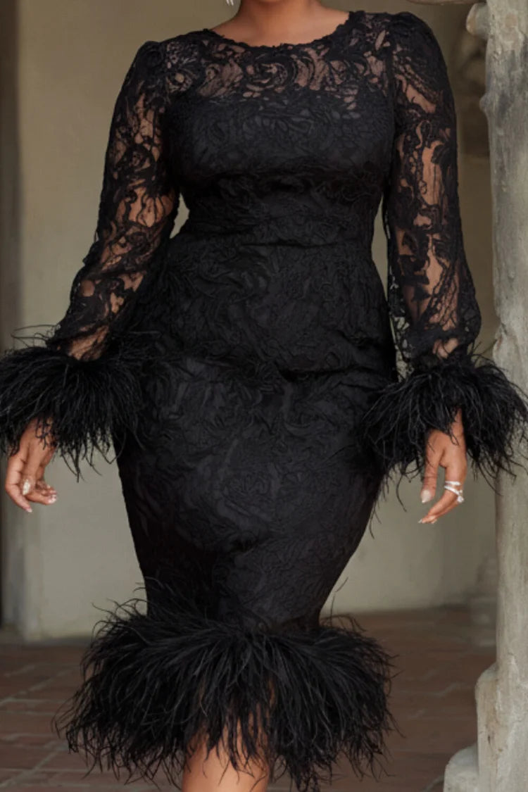 Cocktail Party Black Round Neck Long Sleeve Feather Lace Midi Dress