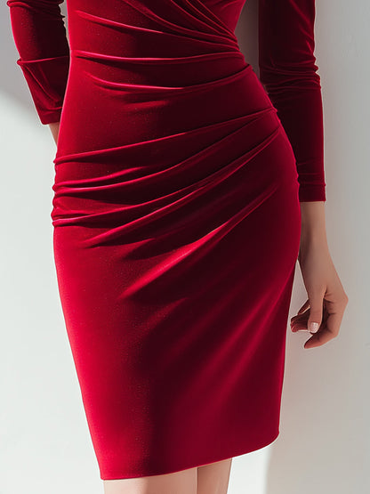 Elegant Deep-Red Ruched V-Neck Bodycon Dress