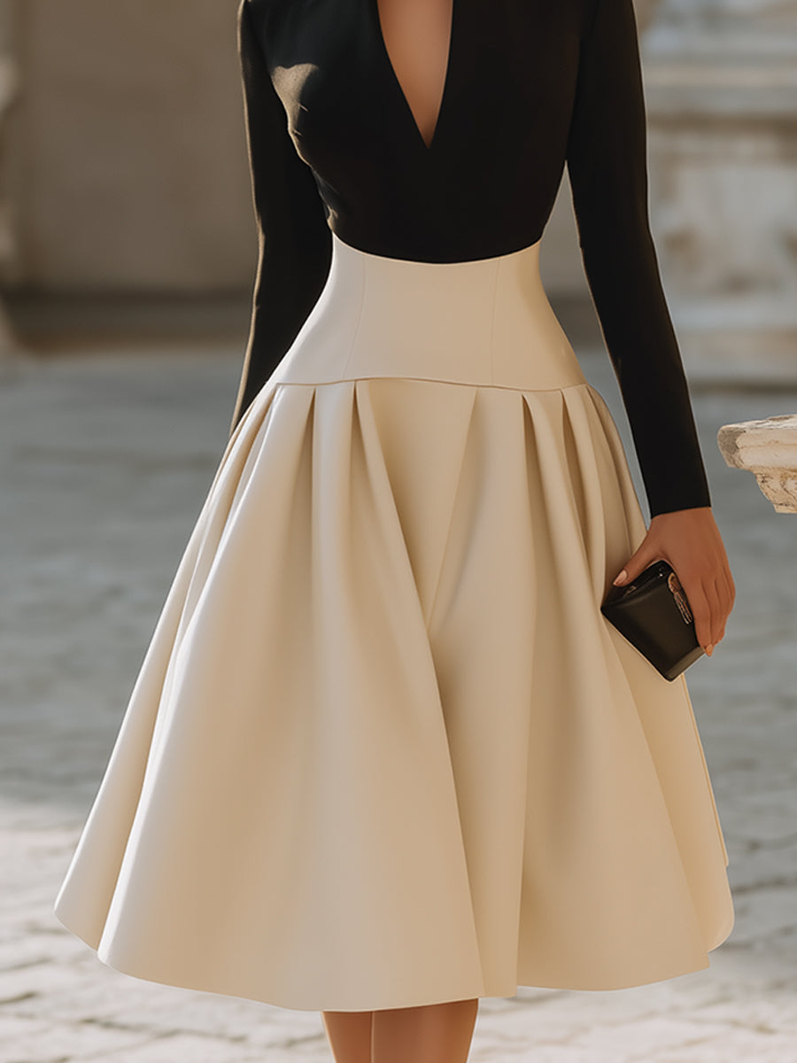 Plunge-Neck Contrast Midi Dress With Structured Waist