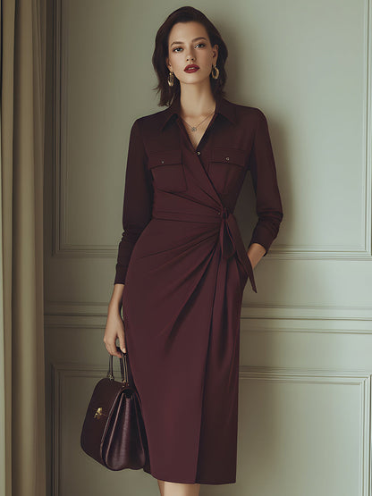 Burgundy Wrap-Front Shirt Dress With Draped Waist