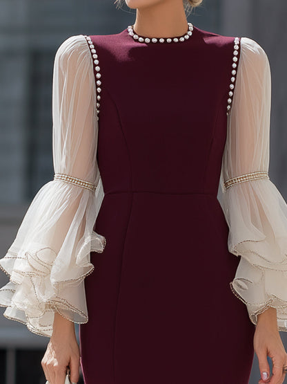 Burgundy Ruffle Hem Dress With Sheer Layered Sleeves