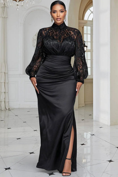 Formal Satin Black Mock Neck Lantern Sleeve Long Sleeve Split Maxi Dress