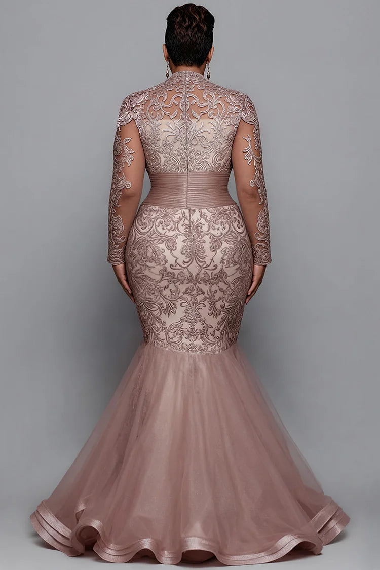 Pink V Neck Long Sleeve Mermaid Elegant See Through Tulle Lace Maxi Dress