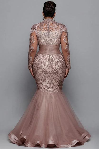 Pink V Neck Long Sleeve Mermaid Elegant See Through Tulle Lace Maxi Dress