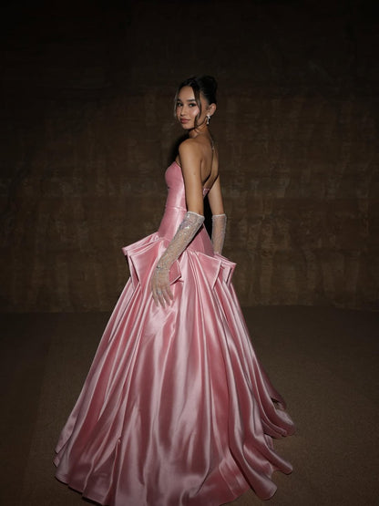Stunning Pink Strapless Prom Dress Sleeveless A-Line Satin Floor Length