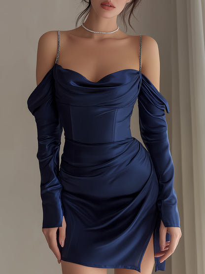Navy Satin Off-Shoulder Draped Mini Dress With Embellished Straps