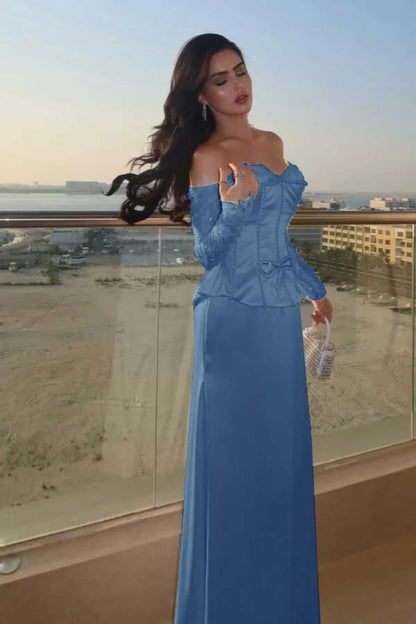 Sweetheart Strapless Long Sleeves Long Prom Dress With Bow And Beadings