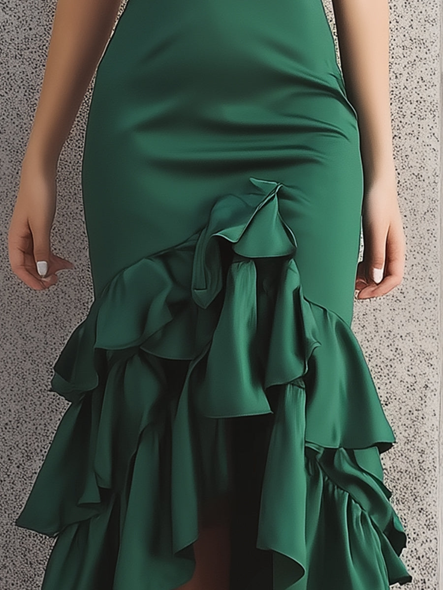 Ruffled Tiered Satin Midi Gown With Sculpted Bodice