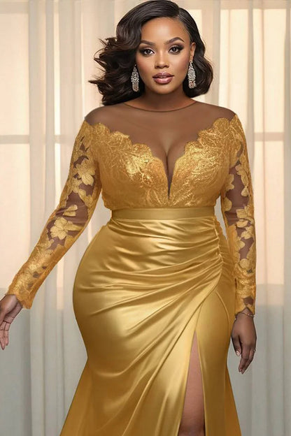 Formal Lace Gold Turndown Collar Long Sleeve Split Elegant See Through Satin Maxi Dress