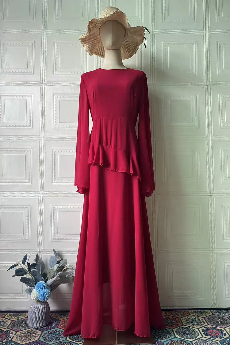 Round Neck Flare Sleeve Ruffled Solid Color Maxi Dresses