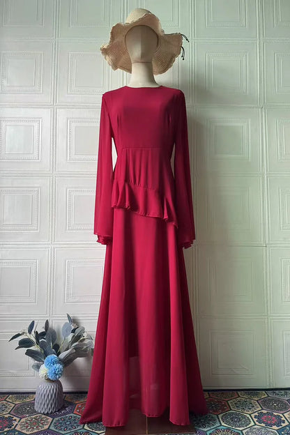 Round Neck Flare Sleeve Ruffled Solid Color Maxi Dresses