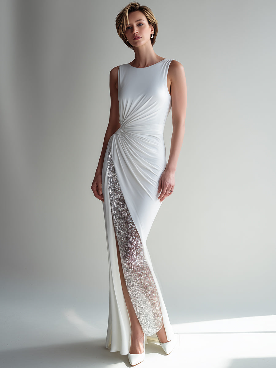White Crystal-Embellished Ruched Side-Slit Gown