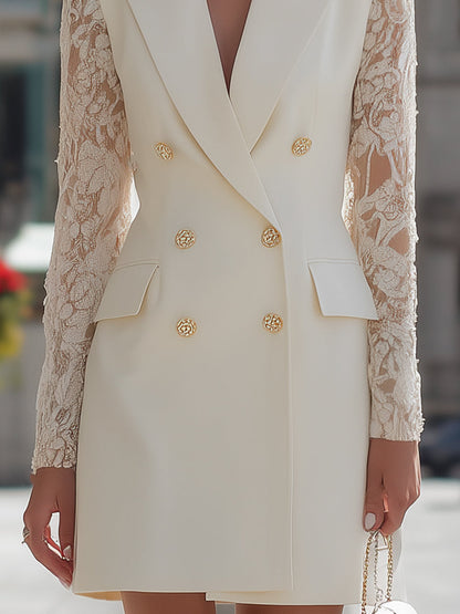 Elegant Lace Sleeve Double-Breasted Blazer Dress