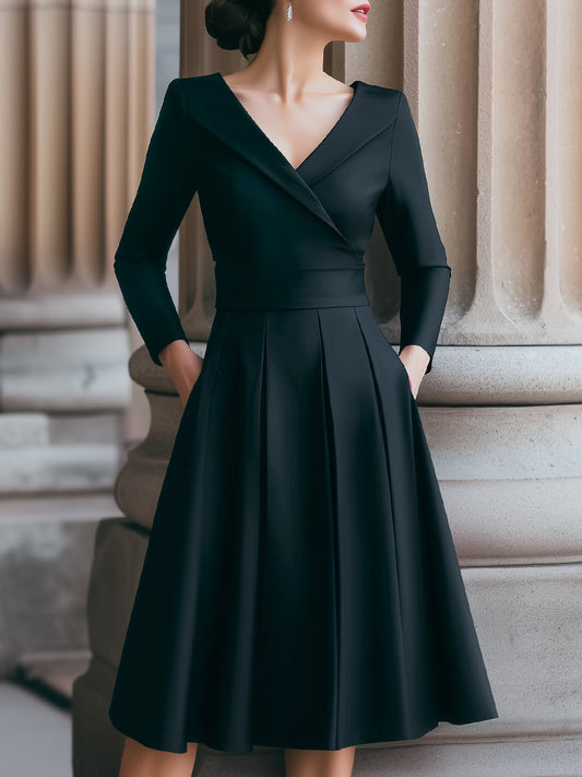 Elegant V-Neck Pleated Long Sleeves Dress