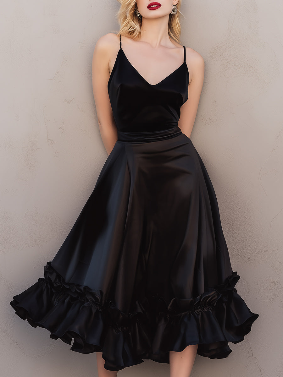 Satin Ruffled Midi Dress With Spaghetti Straps