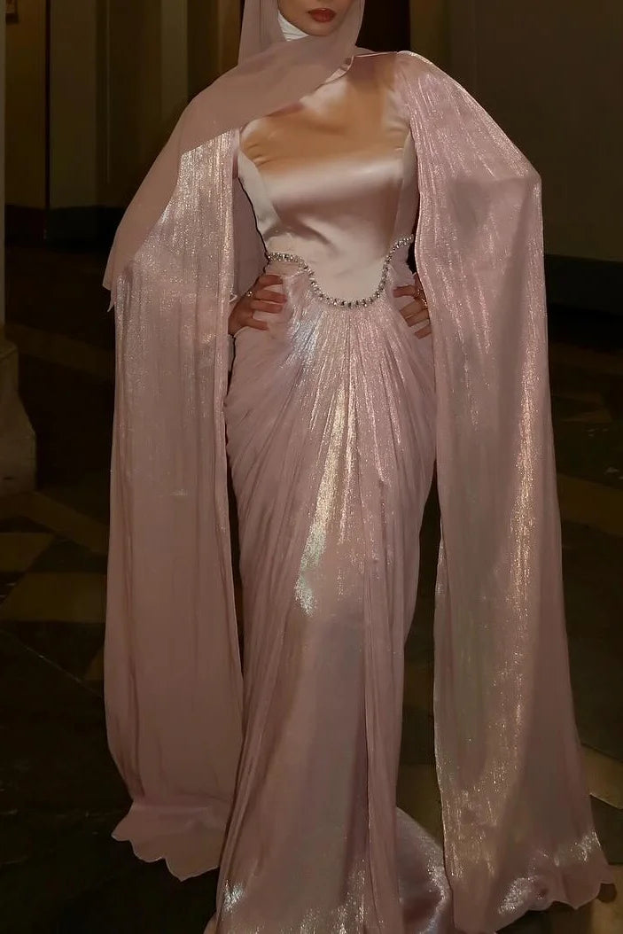 Rhinestone Cape Sleeve Ruched High Neck Party Maxi Dress