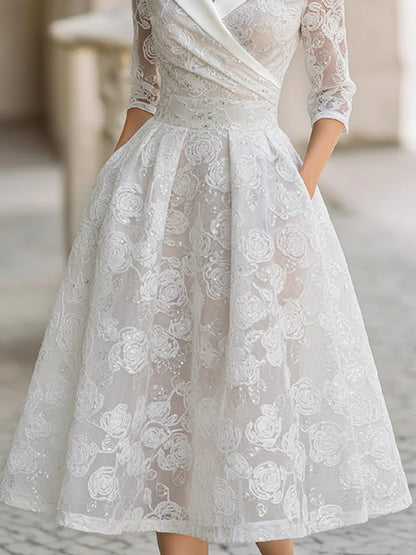 Elegant Lace Midi Dress With White Shawl Collar