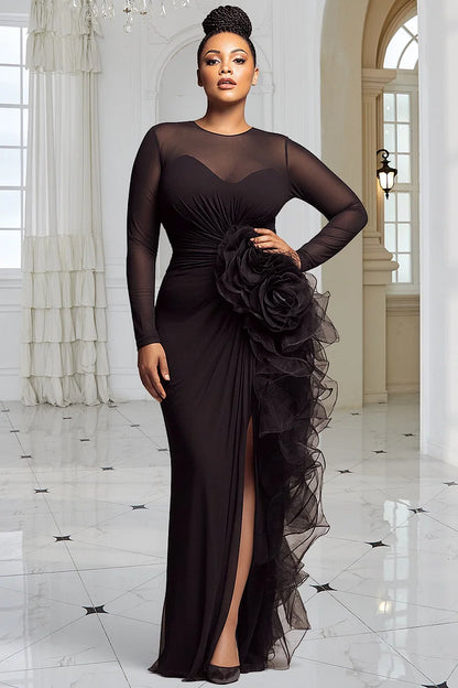 Formal Black Round Neck Long Sleeve 3D Elegant Split Tulle Maxi Dress