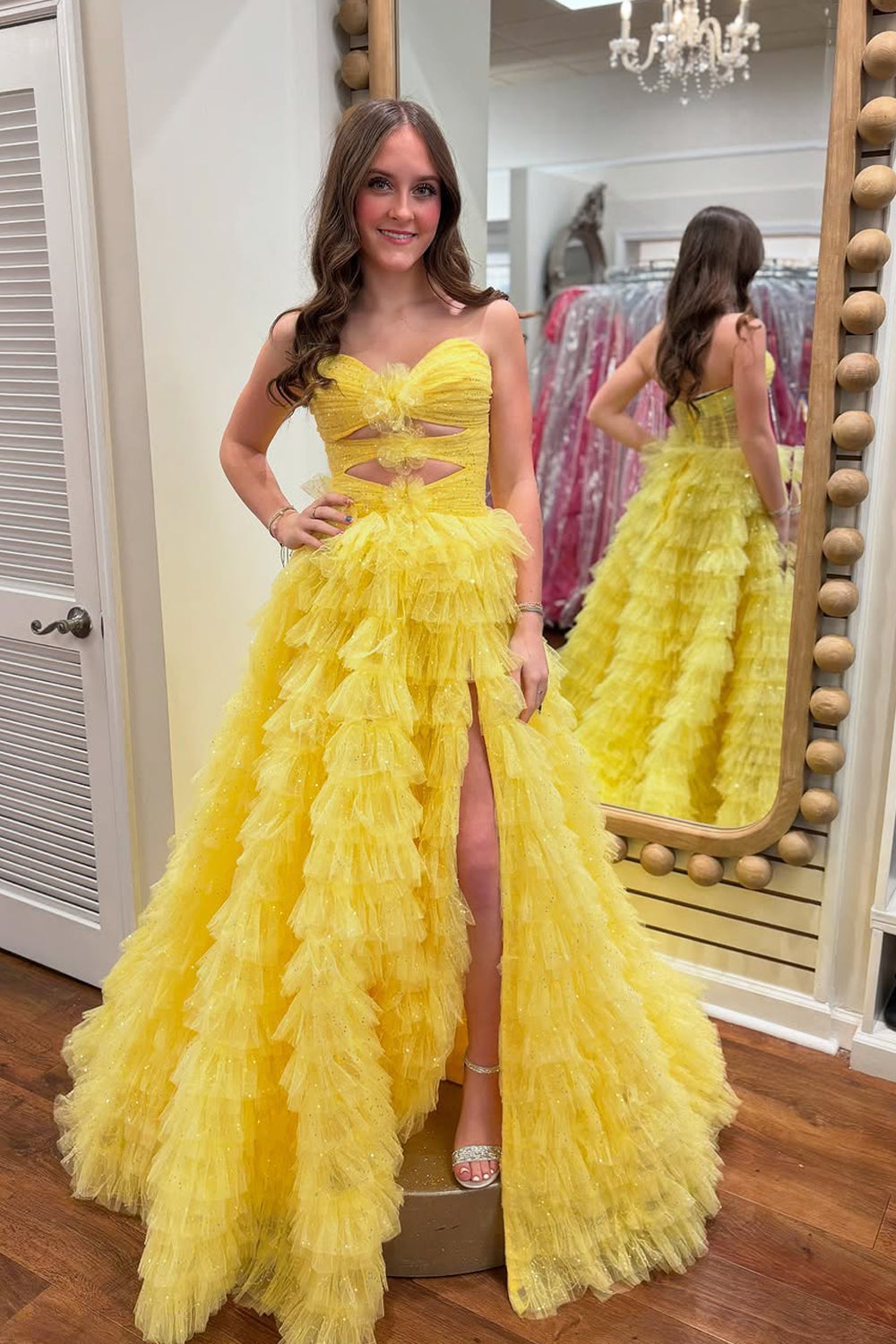 A-Line Strapless Yellow Ruffle Tiered Tulle Long Prom Dresses