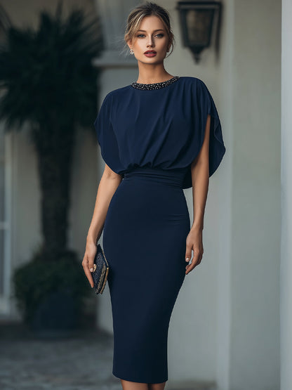 Embellished Neck Draped Midi Dress