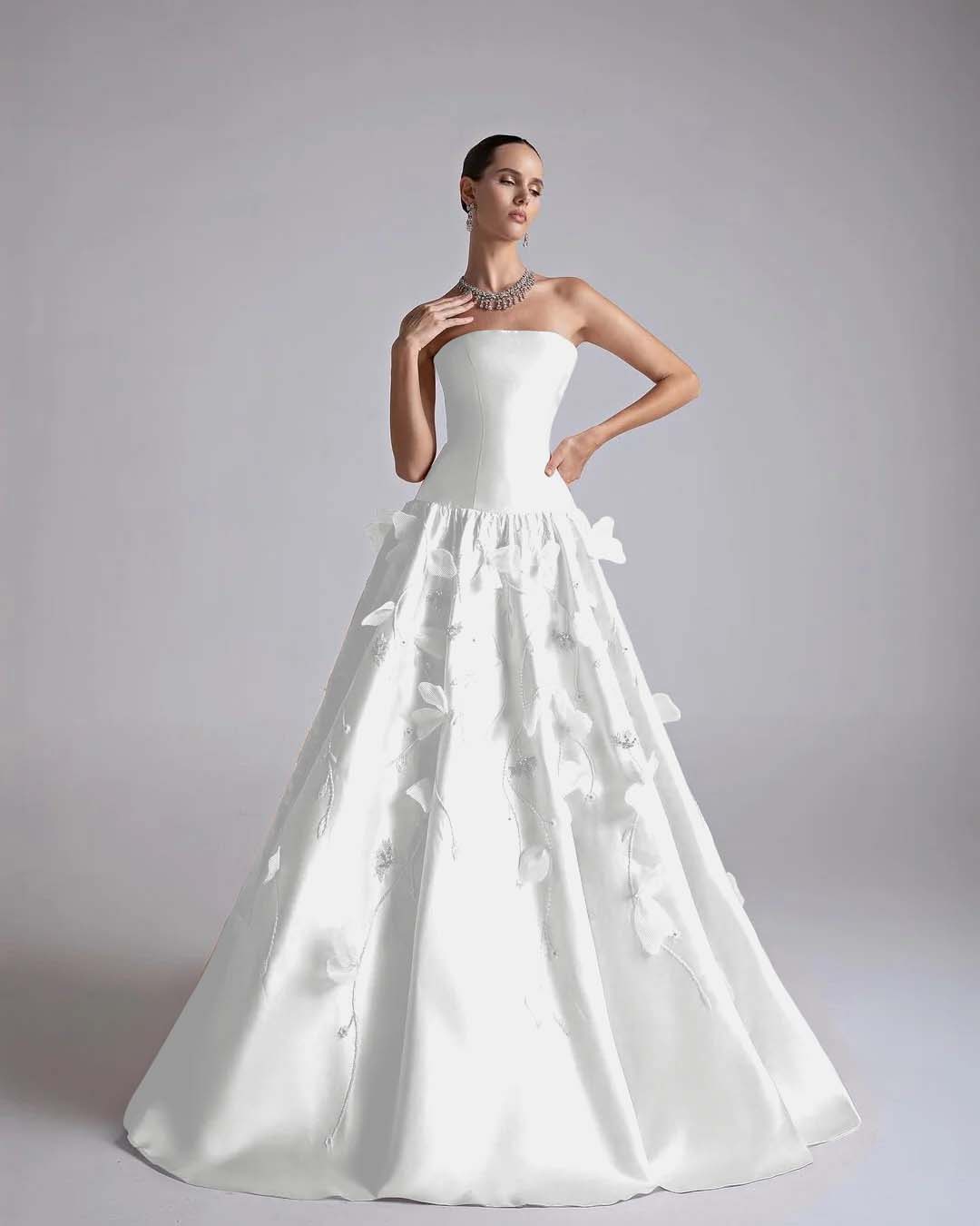 Strapless Sleeveless Long A-Line Prom Dress With Flower Appliqués And Beadings