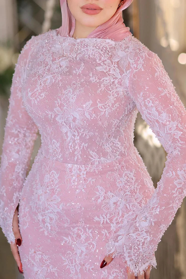 Beady Decor Lace Round Neck Long Sleeve Party Maxi Dress