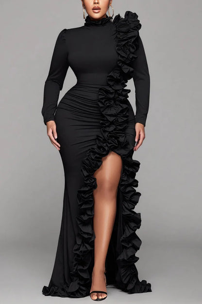 Formal Black Round Neck Long Sleeve Split Elegant Ruffle 3D Satin Maxi Dresses