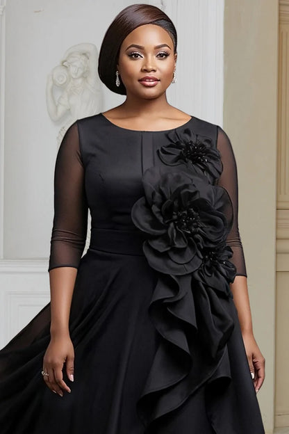 Formal Black Round Neck 3/4 Sleeve 3D Elegant Asymmetric Hem Midi Dress