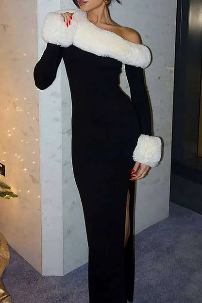 Fuzzy Patchwork Off Shoulder Slim Fit Colorblock Maxi Dress