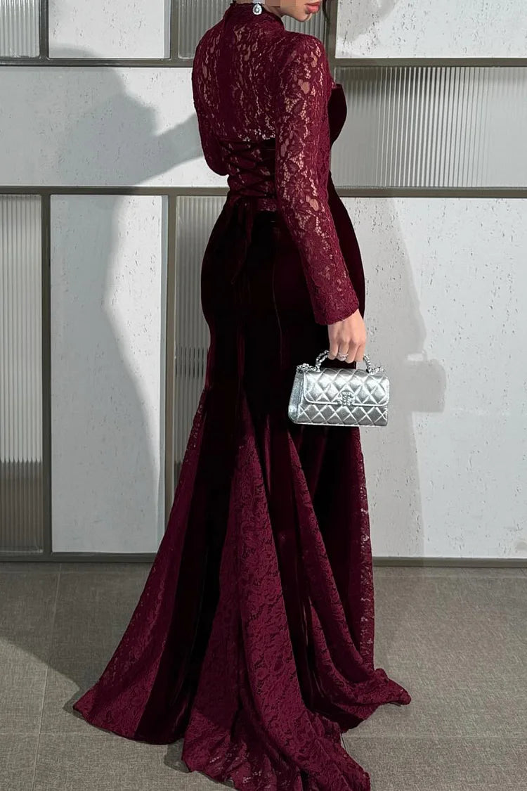 Sheer Lace Mock Neck Velvet Patch Mermaid Party Maxi Dress