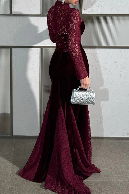 Sheer Lace Mock Neck Velvet Patch Mermaid Party Maxi Dress