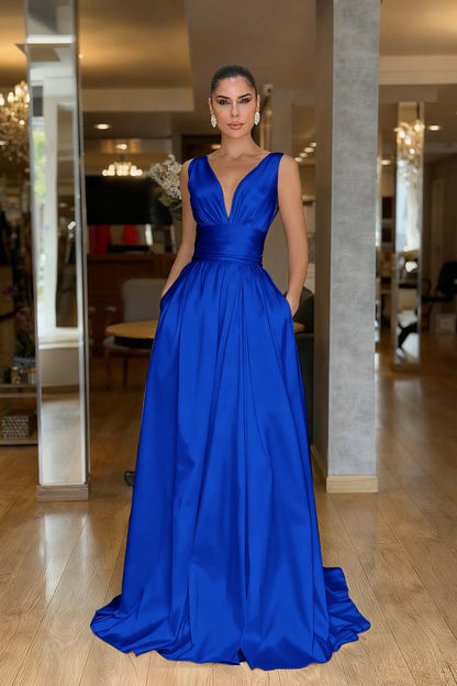Sleeveless High Waist Long Prom Dress With Pockets Pleated